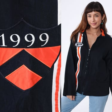 90s Windbreaker Black Zip Up Uniform Jacket P 1999 Orange Striped 99 Logo Print Retro Bomber Streetwear Sportswear Vintage 1990s Small S 