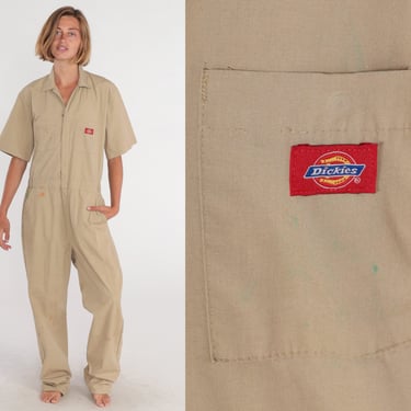 Tan Dickies Coveralls Y2k Jumpsuit Pants Workwear One Piece Work Wear Short Sleeve Khaki Boilersuit Utility Vintage 00s Men's Medium Tall 