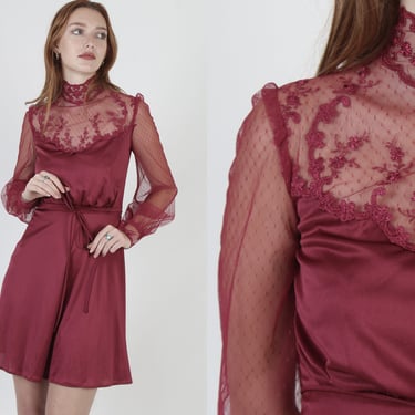 70s Maroon Floral Sheer Embroidered Lace Disco Party Mini Dress 