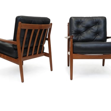 Grete Jalk Danish Teak Lounge Chairs in Black Leather