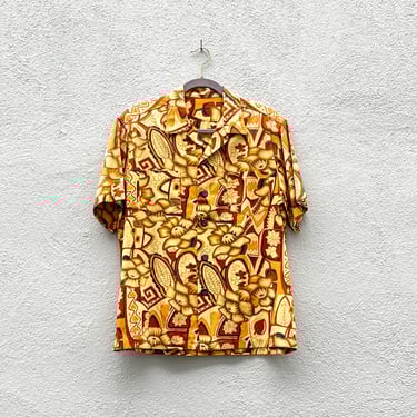 Vintage 50s Men's Yellow Hawaiian Tropical Tiki Cotton Short Sleeved Shirt 