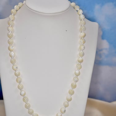 Vintage Polished Mother of Pearl Beaded Necklace Hand Knotted 14K Gold Plated Clasp Circa 1940s NOS Gift for Bride Birthday Gift 18 Inch L 