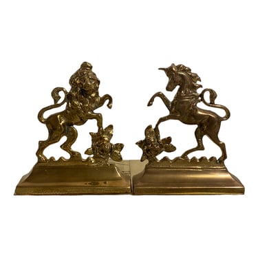 Pair of Brass Lion and Unicorn Bookends - English Crest / Royalty 