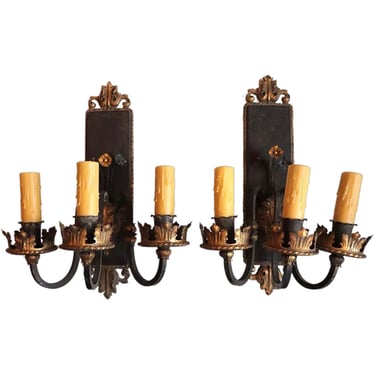 1900 Antique Pair of French Painted Iron and Gilt Tole Three-Light Wall Sconces 