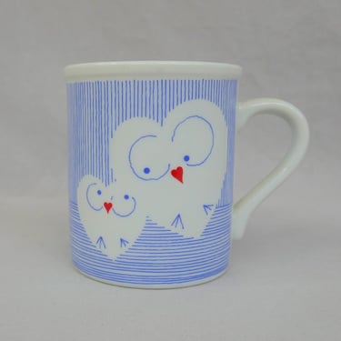80s Owl Heart Coffee Mug - White w/ Blue Stripes Ceramic Cup - Toscany Collection, Japan - Vintage 1980s 