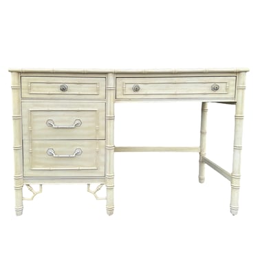 Faux Bamboo Desk by Thomasville Allegro - 1960s Vintage Creamy White Hollywood Regency Chinoiserie Coastal Furniture 