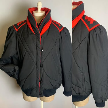 Vintage 80s Black and Red Jacket with Puff sleeves and quilted lining Size Large 