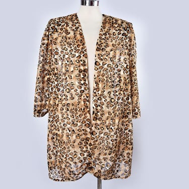 80's SHEER Leopard Print Long Jacket Dress Vintage 1980's Oversized Silky Top Blouse Coverup 