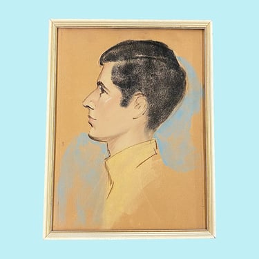 Vintage Portrait Drawing 1960s Retro Size 17x13 Mans Profile + Chalk/Pastels + On Brown Paper + MCM Home and Wall Decor + Decoration 