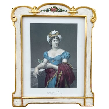 Antique framed portrait of Madame De Stael. Colored steel engraving of famous Swiss French woman writer Napoleonic Era 