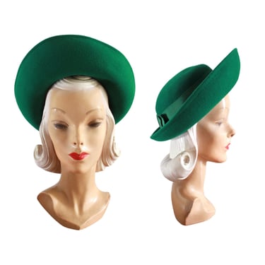 1940s Kelly Green Breton Halo Hat - 1940s Green Felt Hat - 1940s Green Hat - 40s Green Halo Hat - 1940s Womens Hat - Womens Green Hat 