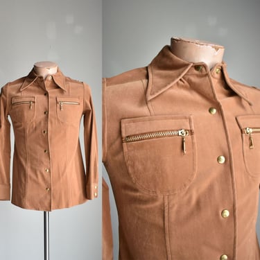 1970s Snap Up Shirt / Vintage 70s Faux Suede Snap Up Shirt / 70s Dagger Collar Suede Like Shirt / Vintage 70s Brown Western Wear Style Shirt 