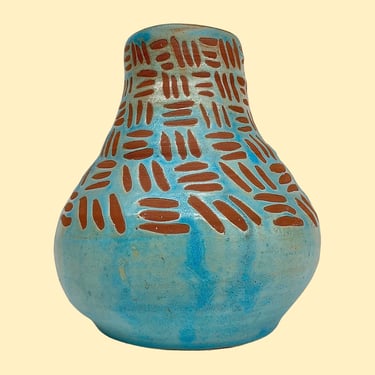 Vintage Vase Retro 1990s Contemporary + Ceramic + Teal and Brown + Abstract Design + Handmade + Home Decor + Decoration + Flower Display 