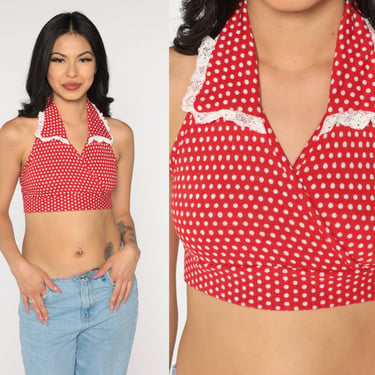 Polka Dot Crop Top 70s Red Halter Top Boho Shirt Hippie Lace Collar Backless Blouse Bohemian V Neck Summer Vintage 1970s Extra Small XS S 