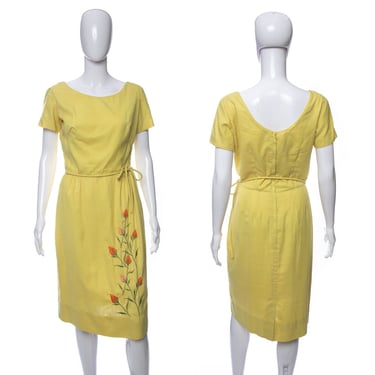 1950's Best & Co. Yellow and Floral Embroidery Detail Knee Length Dress Size M