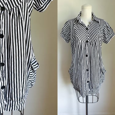 Vintage 1970s Black & White Striped Tunic / M 
