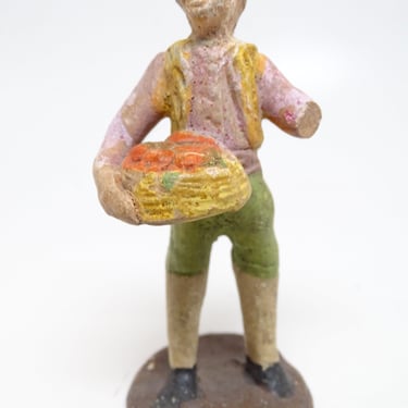 Antique Neapolitan Italian Creche Figure, Vintage Terracotta Man with Basket for Christmas Nativity or Putz 