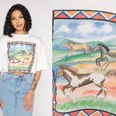 Horse Crop Top 90s Wild Horses T-Shirt Retro Watercolor Art Animal Graphic Tee Cropped TShirt Hippie White Vintage 1990s Small Medium Large 