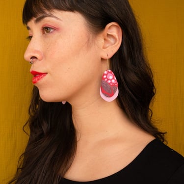 Layered Leaves - Red Botanical Pattern Reclaimed Leather Statement Earrings 