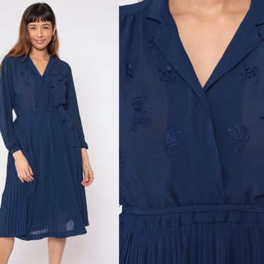 Sheer Navy Dress 70s Blue Floral Pleated Boho High Waisted Midi 1970s Long Sleeve Vintage Bohemian Button Up Feminine Blouson Belted Small S 
