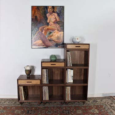 Single part of solid walnut stackable bookcase record case storage system mid century contemporary style 