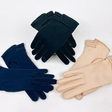Vintage 1950s Soft Women's Chambord Gloves by Trefousse Made in France Size 6.5 | Black, Navy w White Stitch, Nude w Black Stitch, Flapper 