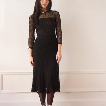 1970s Black Loomed Rayon Body Con Dress 