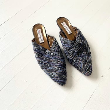 1990s Charles David Blue Woven Metallic Mules 