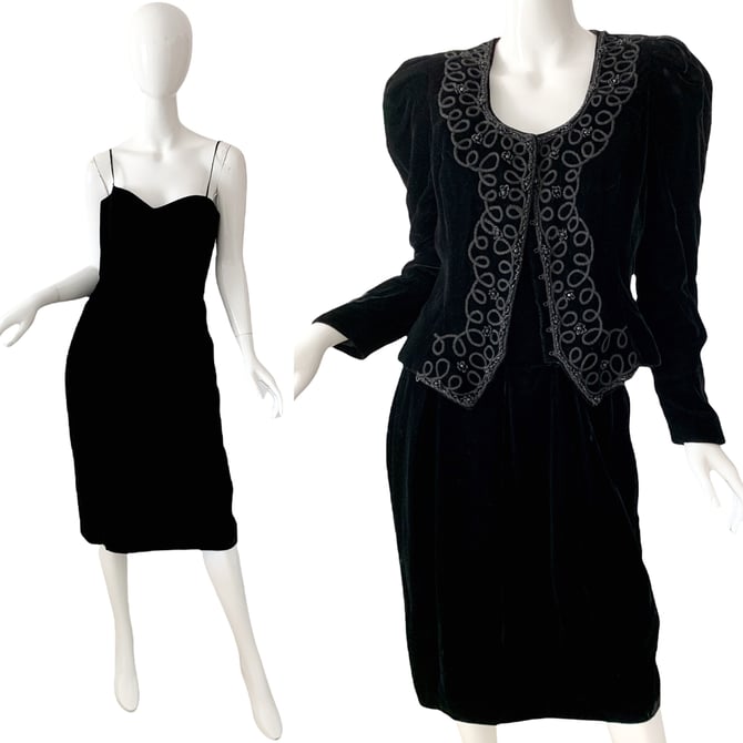 80s Black Velvet Beaded Dress Set / Vintage Farinae Collections Edwardian Party Evening Jacket Dress Set small 