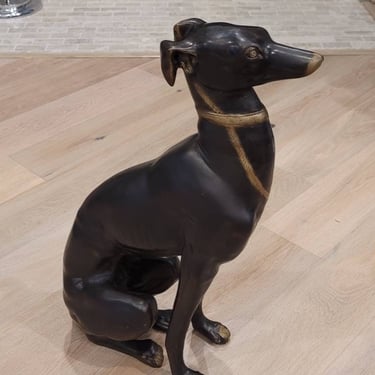 Life-size Art Deco Patinated Bronze Parcel Gilt Figural Greyhound Whippet Dog Sculpture circa 1920s/1930s 