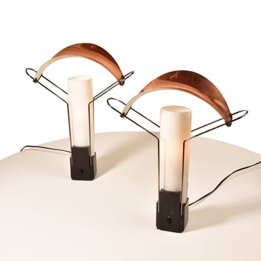 Original 1980's Arteluce "Palio" Dimmer Table Desk Lamp Pair Set, Copper Shade, Made in Italy, Working, 16" H 