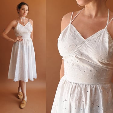 Vintage 70s White Eyelet Summer Dress/ Size XS 