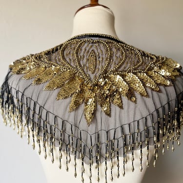 Gorgeous gold embroidered sequin beaded dangling capelet 