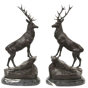 Sculptures, Bronze, (2) After Jules Moigniez Patinated Stags, Signed, on Marble!