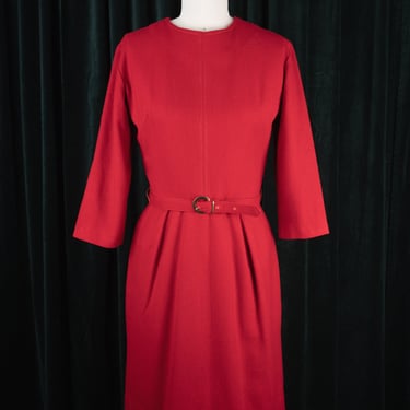 Vintage 1960s Tomato Red Belted Wool Sheath Dress with Contrast Stitching Detail 