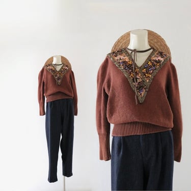 beaded Angora sweater - l - vintage 90s 80s rust brown fluffy soft pullover long sleeve v neck sweater 