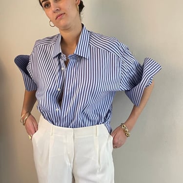 90s pinstripe french cuffs shirt / vintage ice blue + plum pinstripe crisp cotton oversized boyfriend button down french cuff shirt | XL 