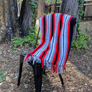 Vintage striped knit afghan fringe camp blanket throw 