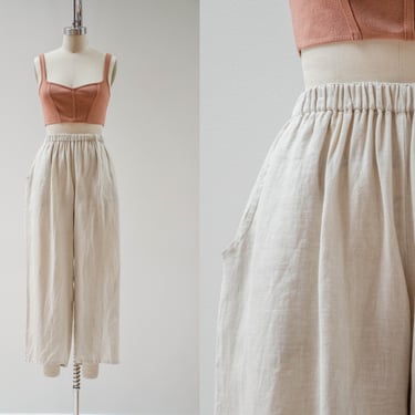 wide leg linen pants | 90s y2k vintage beige cream elastic waist loose baggy cropped pants 