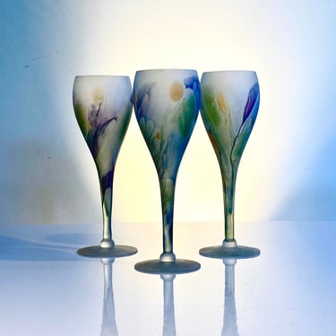 Set of 3 hand painted Reueven frosted wine glasses 