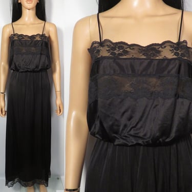 Vintage 60s/70s Black Lacey Maxi Slip Dress Nightgown Made In USA Size M/L 