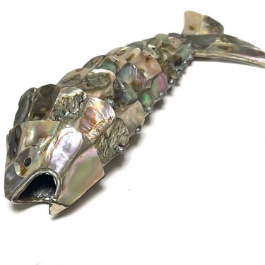 Vintage Abalone Articulated Fish Bottle Opener  Mexican Silver 