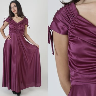 Plum Color Grecian Goddess Maxi Dress, Vintage 70s Long Shoulder Tie Toga Party Gown 