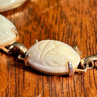 Vintage Scarab Bracelet Carved White Milk Glass Gold Tone Retro Mid Century Jewelry Gift 