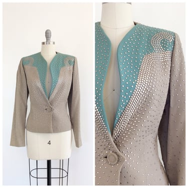 40s STUDDED Blue & Gray Fred A Block Suit Jacket / 1940s Vintage Tailored Coat / Medium / Size 10 