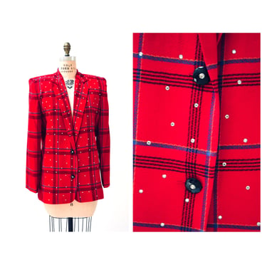90s Vintage Red Plaid Jacket Blazer with Rhinestones Red Plaid Blazer 80s 90s Glam Power Suit Small Medium Criscione Christmas Party Jacket 