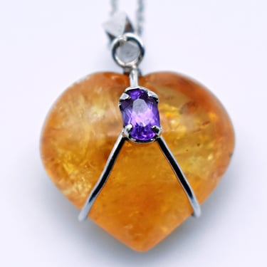 80's hematoid quartz sterling amethyst heart pendant, dimensional 925 silver wire bling necklace 