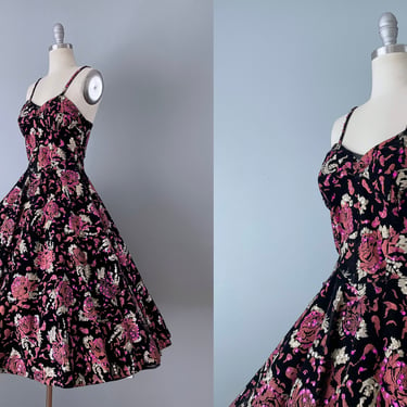 1950s Sequined Rose Dress / Mexican Sequined Velvet Dress / 1950s Hand Painted Mexican Dress / 50s Fit And Flare / Size Small 