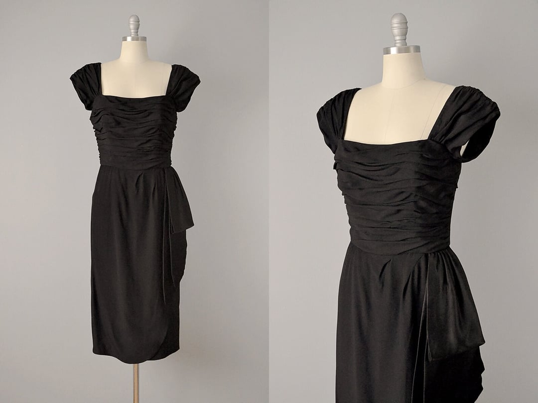 1970’s Victor Costa does 1950s Black Crepe Cocktail Dress / Size Off