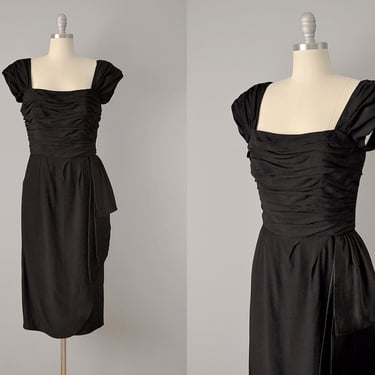 1970’s Victor Costa does 1950s Black Crepe Cocktail Dress / Size Small 